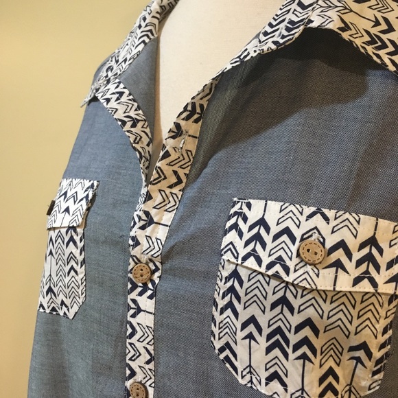 Tie Waist Chevron Trim Chambray Dress with Pockets - Picture 3 of 4